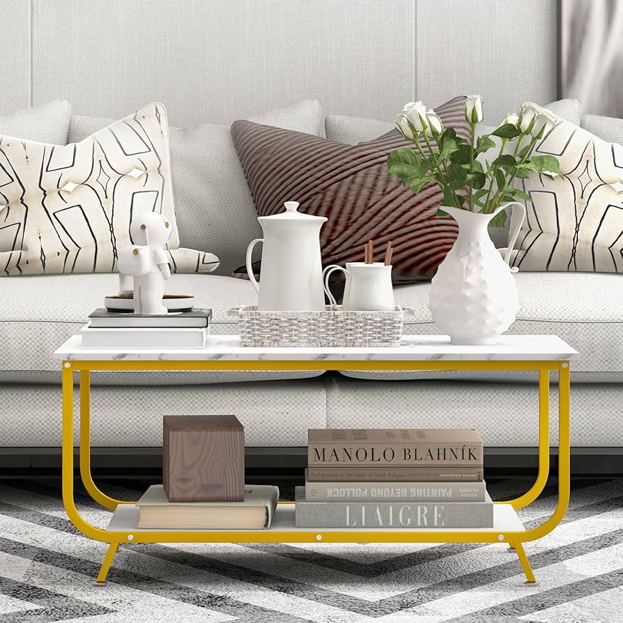 Marble Coffee Table, 2-Tier Faux Marble Top Coffee Table w/Metal Frame, Rectangular Living Room Table w/Storage Shelf, Sofa Side Table, Accent Table for Living Room, Office, Balcony