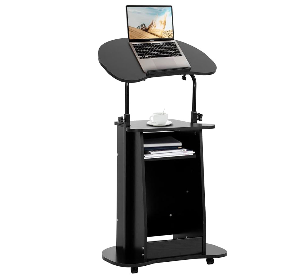 Mobile Podium Stand,Portable Height Adjustable Lectern Podium Stand with Tilting Desktop & Storage,Standing Laptop Desk with Wheels,Podium Stand for Classroom Home Office