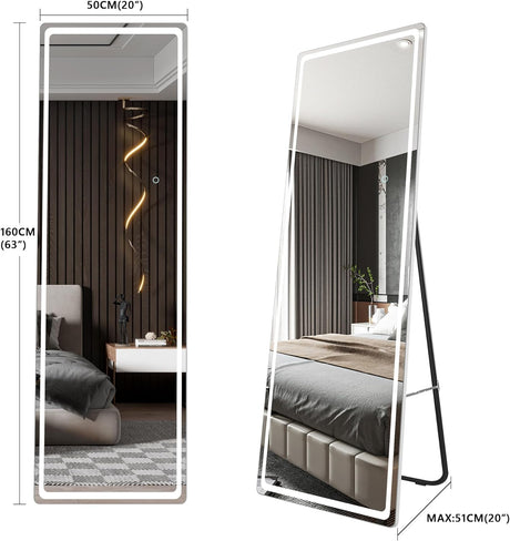 Full Length Mirror with LED Lights: 160 x 50cm Full Body Floor Mirror Standing Hanging or Leaning Against Wall - 3 Colors & Dimmable Brightness Wall-Mounted Mirror for Bedroom Living Room