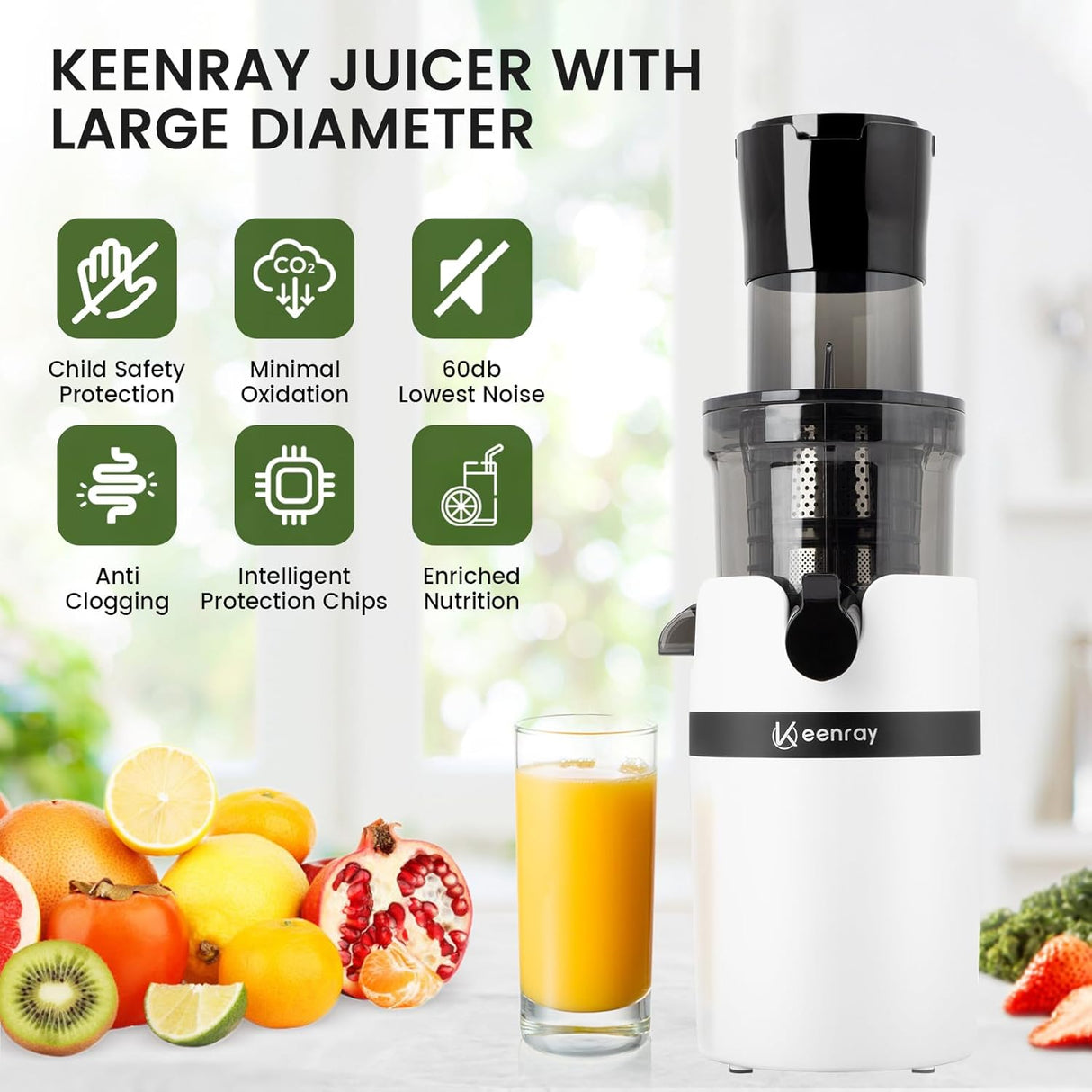 Juicer Machine for Whole Fruits and Vegetables, Cold Press Slow Juicer with Wide Mouth 80mm Feeding Chute, Reverse Function Quiet Motor Fresh Healthy Juice Extractor, EL18, Grey