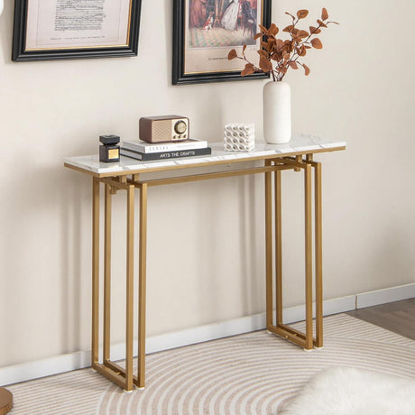 110cm Console Table, Faux Marble Sofa Table w/Sturdy Metal Legs, Adjustable Feet, Modern Entryway Table, Perfect for Foyer, Living Room, Hallway (Gold)