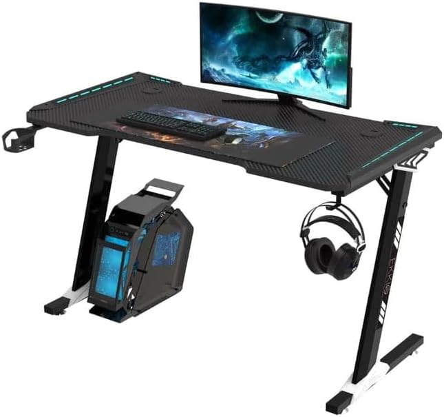 Ekkio RGB Light Gaming Desk Z Shaped with Cup Holder Headphone Holder, Ergonomic, Workstation Computer Desk Carbon Fibre Textured, Stable Structured Frame, Anti-Slip Foot Pad (Black, 100 * 60 * 73cm)