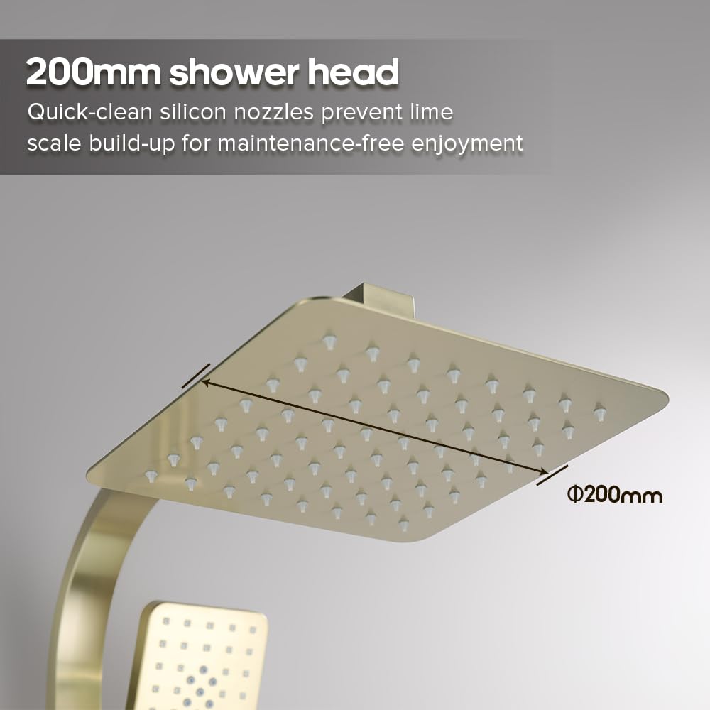 Twin Shower Head Rail Set Square Gooseneck Shower Arm 8" Rain Shower Head 3-Mode Handheld Brass 2 in 1 Diverter (Brushed Gold)