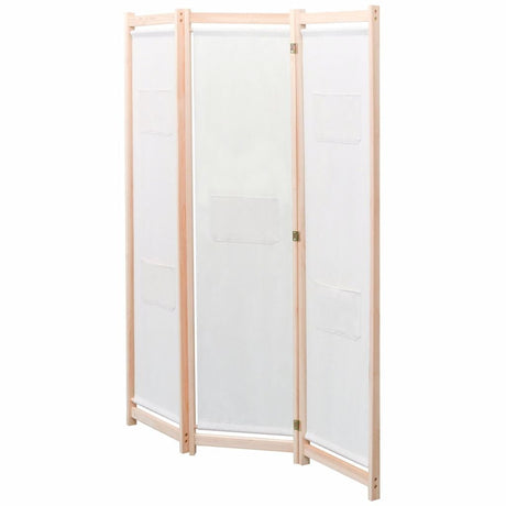 3-Panel Room Divider in Cream - Freestanding Fabric and Fir Wood Frame Partition with Extra Storage Bags - 120x170x4cm