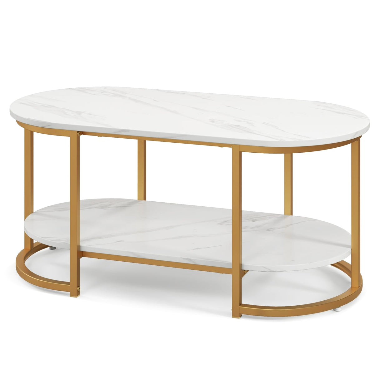 Faux Marble Coffee Table, Modern 2-Tier Center Table with Open Shelf, Oval Cocktail Table with Gold Finished Metal Frame for Living Room Bedroom, White