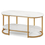 Faux Marble Coffee Table, Modern 2-Tier Center Table with Open Shelf, Oval Cocktail Table with Gold Finished Metal Frame for Living Room Bedroom, White