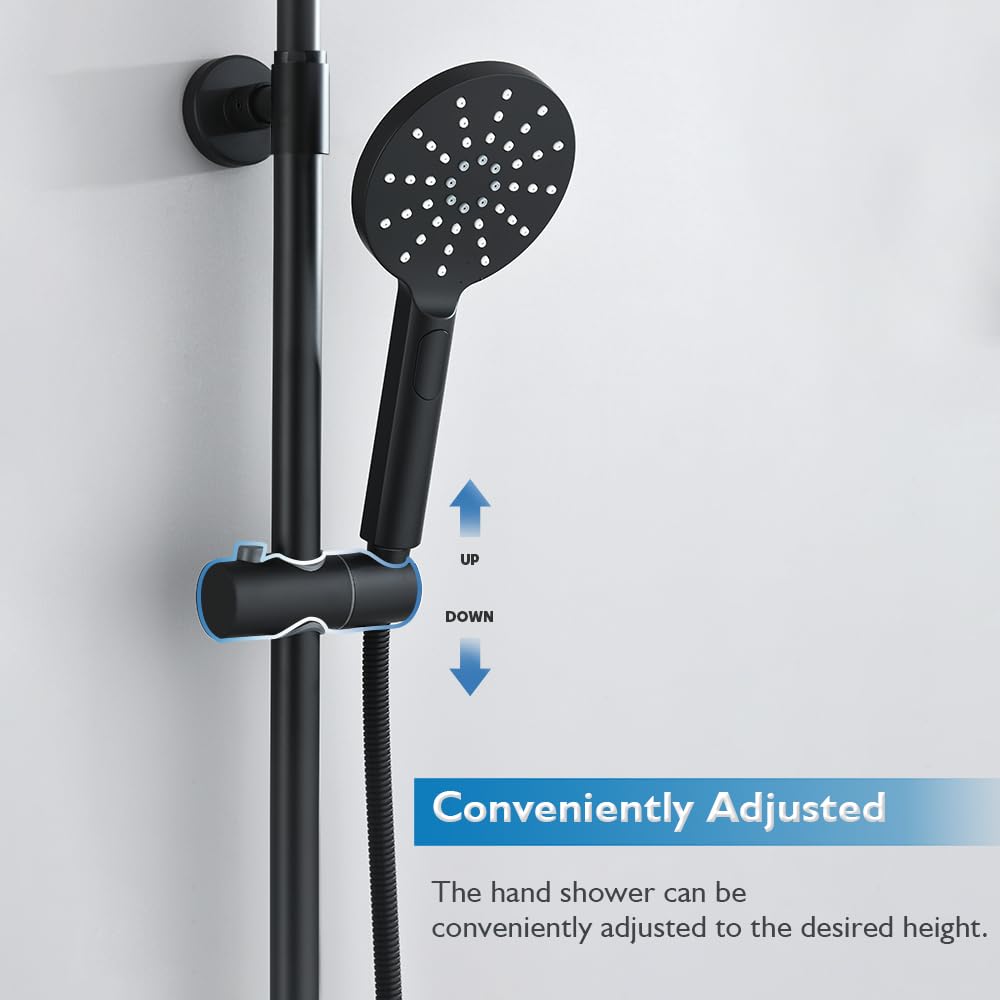 WELS Twin Hose Shower System 9" Rain Shower Head Set Sliding Rail 3-Mode Handheld Shower Head 2 in 1 Set (Round Head Black)