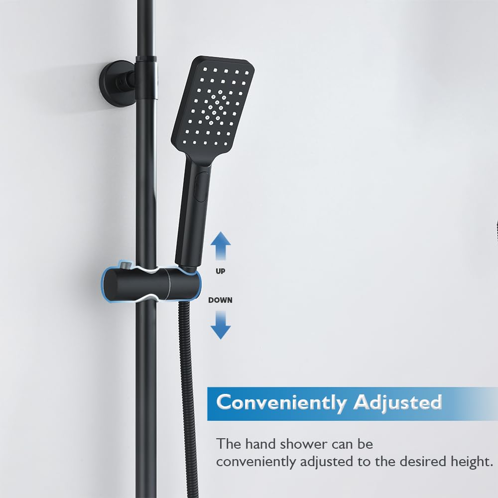 WELS Twin Hose Shower System 8" Rain Shower Head Set Sliding Rail 3-Mode Handheld Shower Head 2 in 1 Set (Square Head Black)