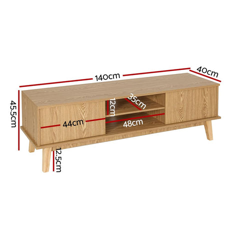 TV Unit Cabinet Entertainment Units, 140cm Wooden Stand Table Cabinets Open Storage Shelf Organiser Cupboard Home Living Room Bedroom Furniture, with 2 Cabinets and Open Shelves Pine