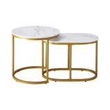 Set of 2 Coffee Table Round Marble Nesting Table Side End Table White and Gold