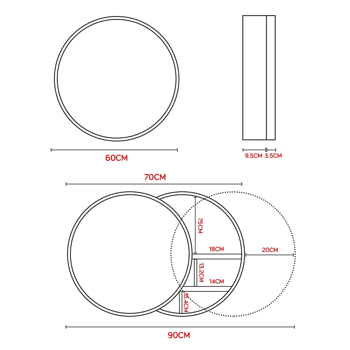 Round Mirror Cabinet Bathroom Medicine Vanity Wall Mirrored Cupboard with Storage Sliding Door White 60cm Diameter