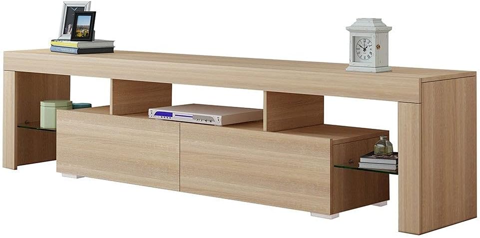 TV Cabinet Entertainment Unit with 2 Drawers & Open Storage Shelf Wooden TV Stand Living Room Furniture Oak 200cm