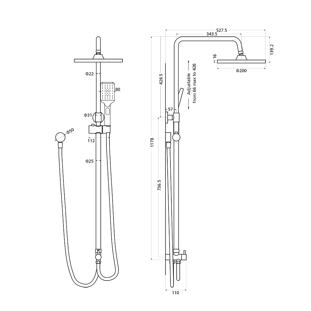 WELS Twin Hose Shower System 8" Rain Shower Head Set Sliding Rail 3-Mode Handheld Shower Head 2 in 1 Set (Square Head Black)