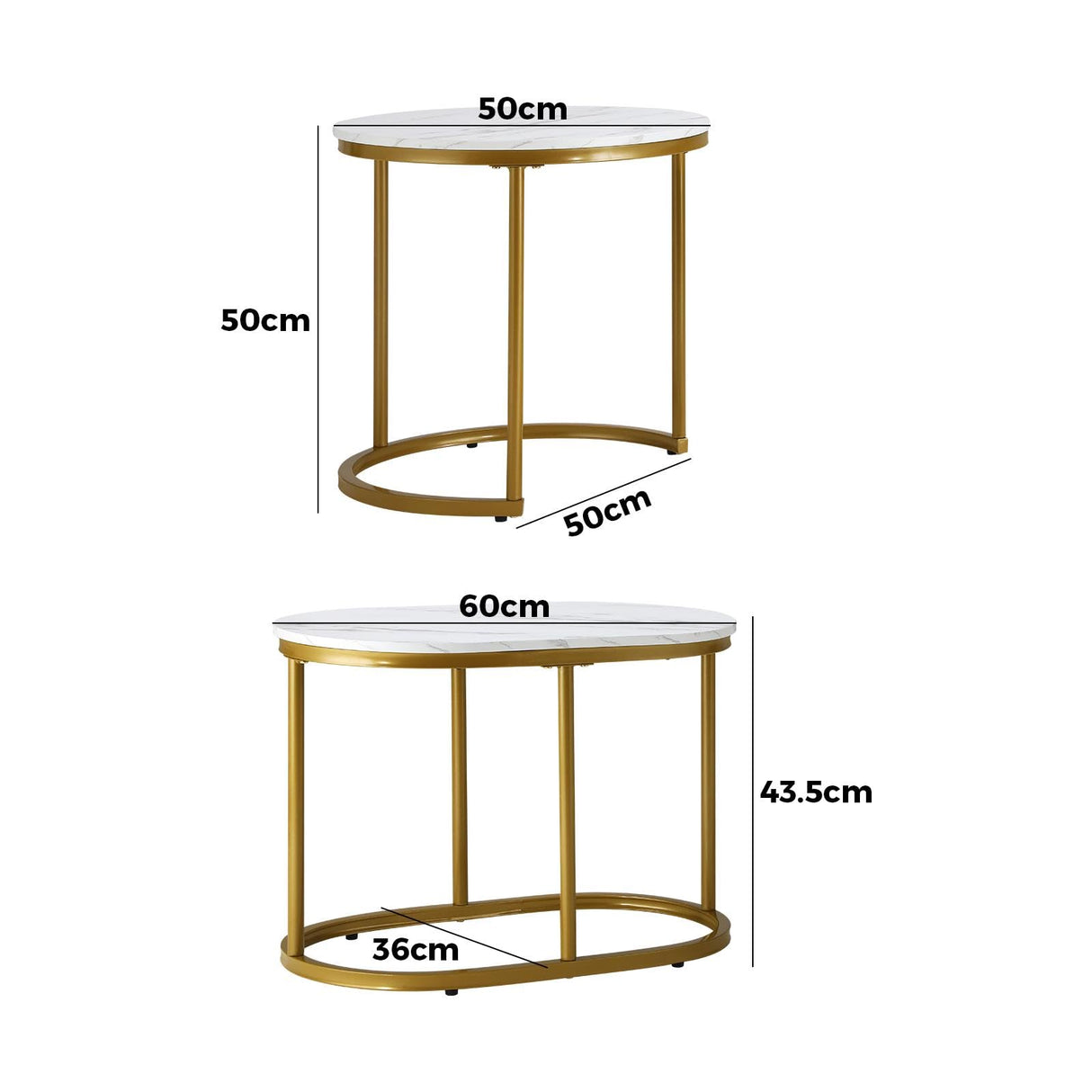 Set of 2 Coffee Table Round Marble Nesting Table Side End Table White and Gold