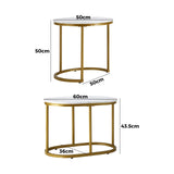 Set of 2 Coffee Table Round Marble Nesting Table Side End Table White and Gold