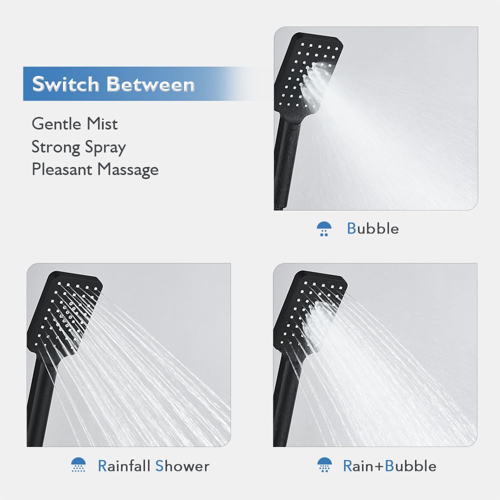 WELS Twin Hose Shower System 8" Rain Shower Head Set Sliding Rail 3-Mode Handheld Shower Head 2 in 1 Set (Square Head Black)