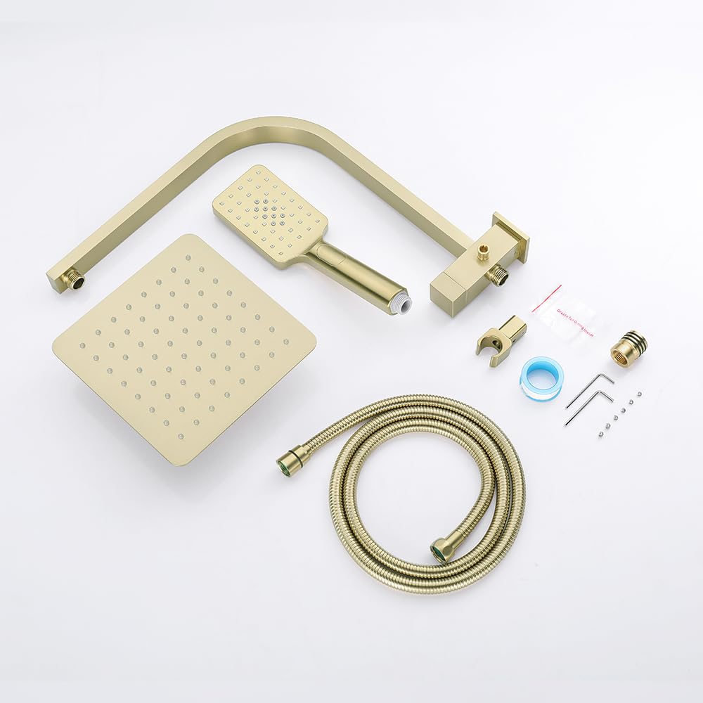 Twin Shower Head Rail Set Square Gooseneck Shower Arm 8" Rain Shower Head 3-Mode Handheld Brass 2 in 1 Diverter (Brushed Gold)