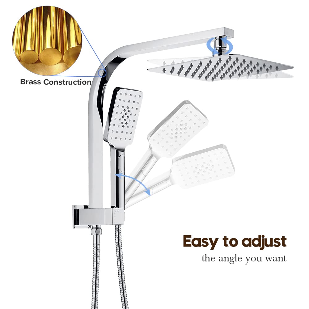 Twin Shower Head Rail Set Square Gooseneck Shower Arm 8" Rain Shower Head 3-Mode Handheld Brass 2 in 1 Diverter