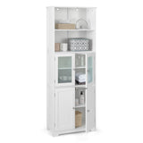 Freestanding Bathroom Storage Cabinet, Kitchen Pantry Cupboard with Glass Doors, Open Storage Shelves & 3-level Adjustable Shelves, Tall Storage Buffet Sideboard for Living Room Kitchen, White