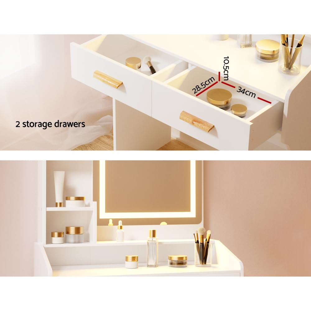 Dressing Table, LED Mirror Makeup Stool Set Wooden Vanity Desk Chair, Home Bedroom Furniture Girls Kids Women Organisers, Drawers Shelves Wide Tabletop White