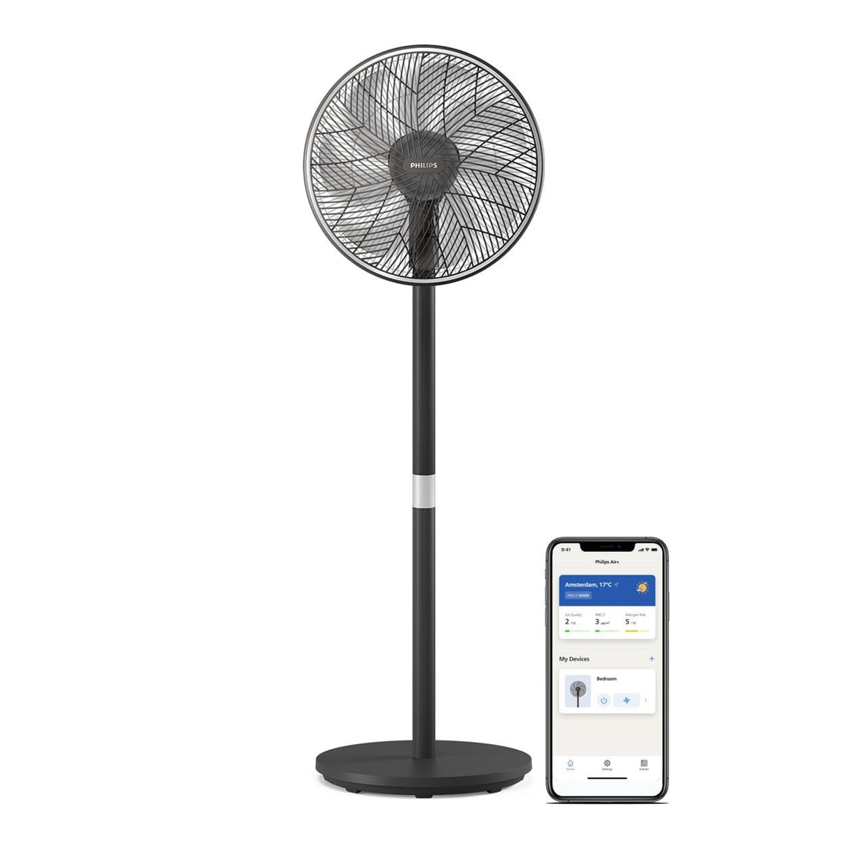 Philips Smart Pedestal Fan Series 3000, Powerful & Ultra-Quiet with SilentWings Technology, 19 dB, 2-in-1 Table & Standing Fan, Tiltable & Rotating, App Control, 12h timer, Black (CX3550/01)