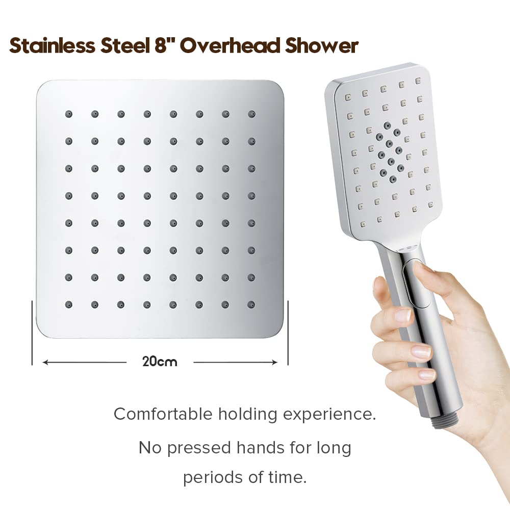 Twin Shower Head Rail Set Square Gooseneck Shower Arm 8" Rain Shower Head 3-Mode Handheld Brass 2 in 1 Diverter