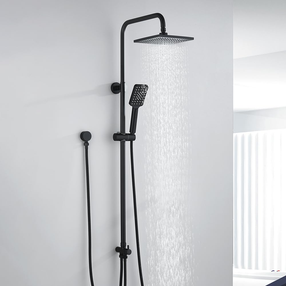 WELS Twin Hose Shower System 8" Rain Shower Head Set Sliding Rail 3-Mode Handheld Shower Head 2 in 1 Set (Square Head Black)