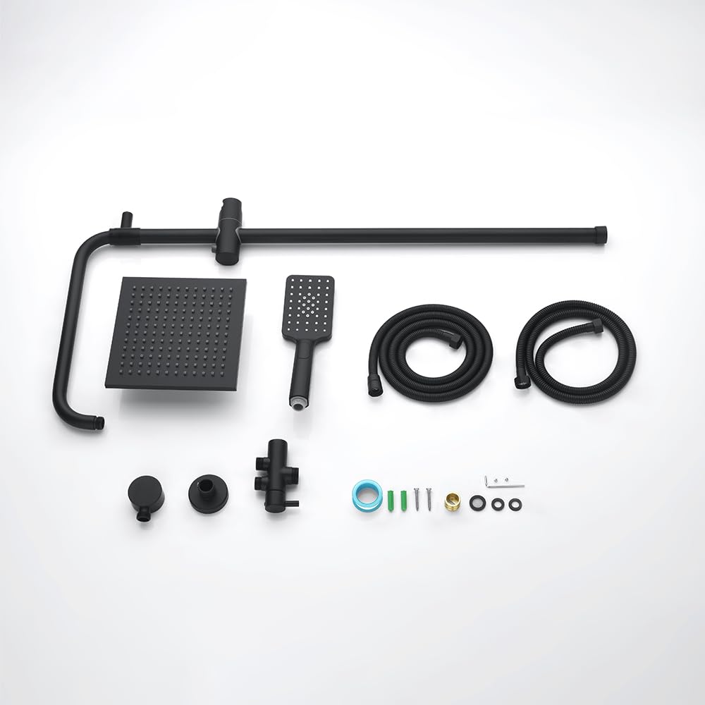 WELS Twin Hose Shower System 8" Rain Shower Head Set Sliding Rail 3-Mode Handheld Shower Head 2 in 1 Set (Square Head Black)