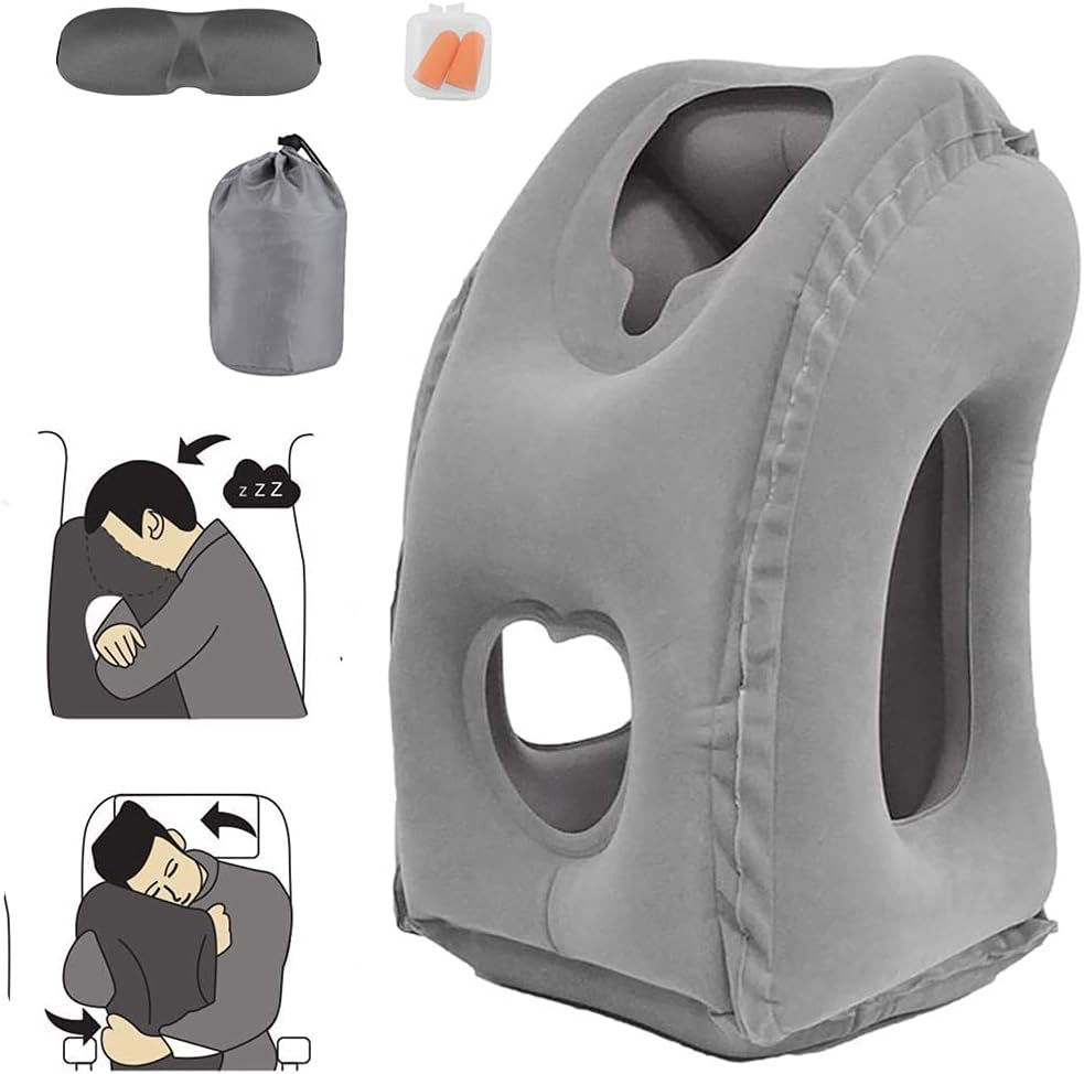 Inflatable Travel Pillow, Inflatable Airplane Pillow Comfortably Supports The Head, Neck and Chin, Inflatable Neck Pillow with Free Eye Mask/Earplugs (Grey)