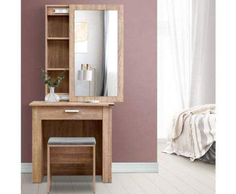 Dressing Table Mirror Slidable Makeup Space Stool Wooden Vanity Desk Chair, Home Bedroom Furniture Oak Girls Kids Women Organisers, with Legs Floor Standing