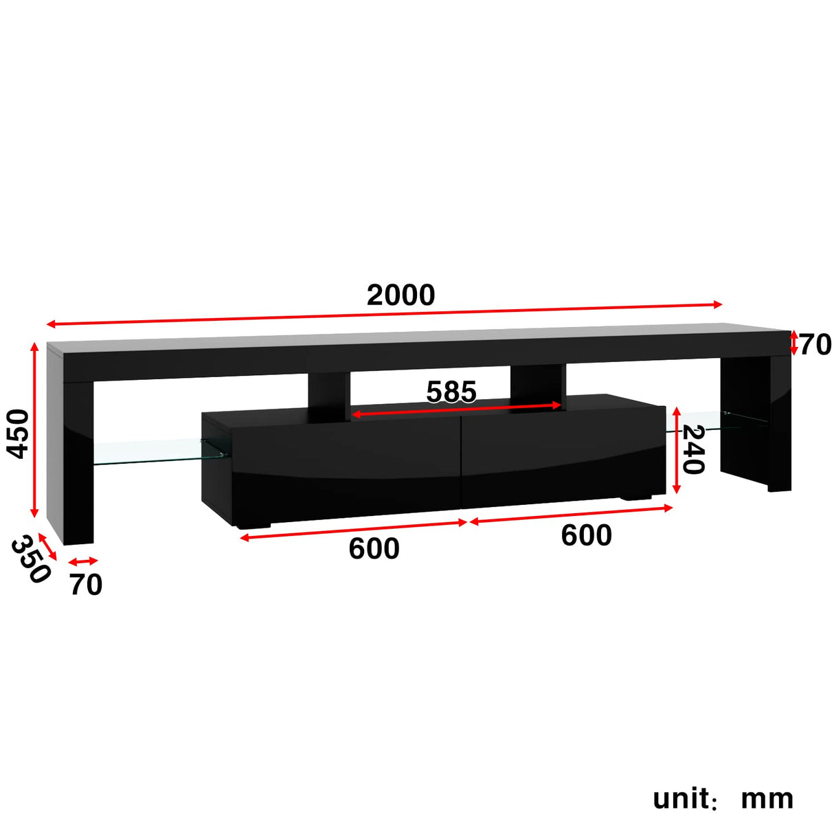 200cm LED TV Cabinet with Glass Shelf 16 RGB LED Lighted for TVs, TV Entertainment Unit with Ambient Lights for Living Room Bedroom