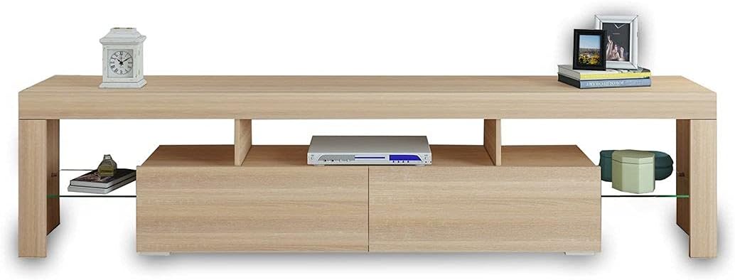 TV Cabinet Entertainment Unit with 2 Drawers & Open Storage Shelf Wooden TV Stand Living Room Furniture Oak 200cm