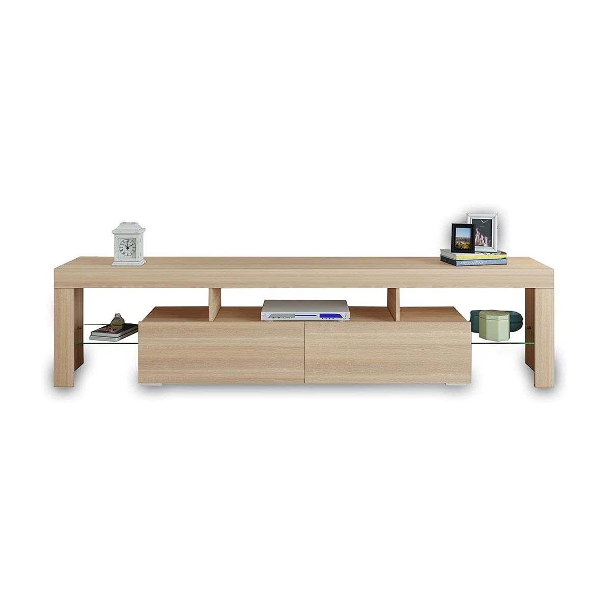 TV Cabinet Entertainment Unit with 2 Drawers & Open Storage Shelf Wooden TV Stand Living Room Furniture Oak 200cm