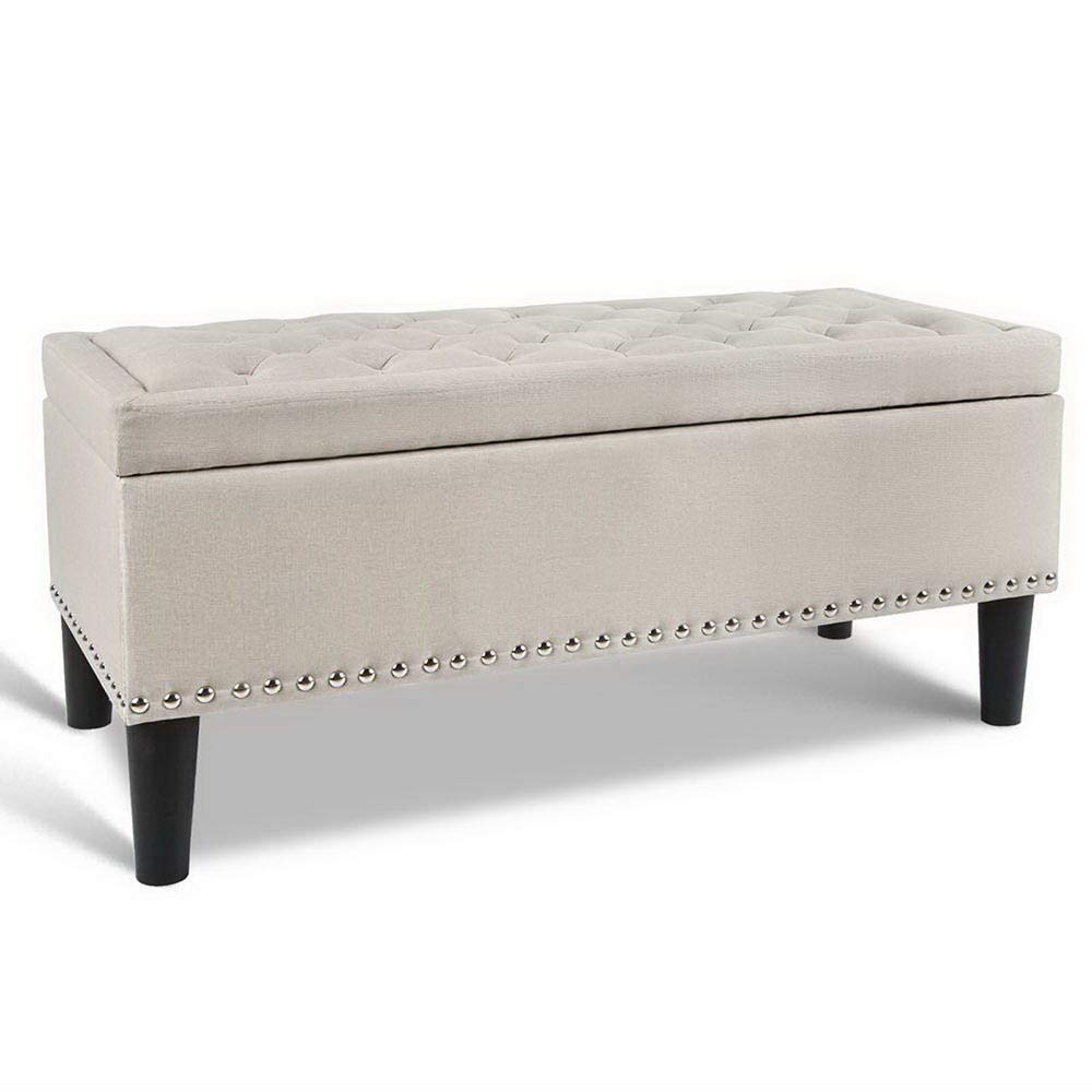 Tufted Storage Ottoman, Foot Rest Stool Bench Padded Seat Blanket Box Chest Bedroom Living Room Indoor, 95.5 x 43.5 x 45cm Taupe Faux Linen Fabric Open Lid Diamond Top Rivet Side