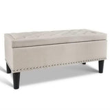 Tufted Storage Ottoman, Foot Rest Stool Bench Padded Seat Blanket Box Chest Bedroom Living Room Indoor, 95.5 x 43.5 x 45cm Taupe Faux Linen Fabric Open Lid Diamond Top Rivet Side