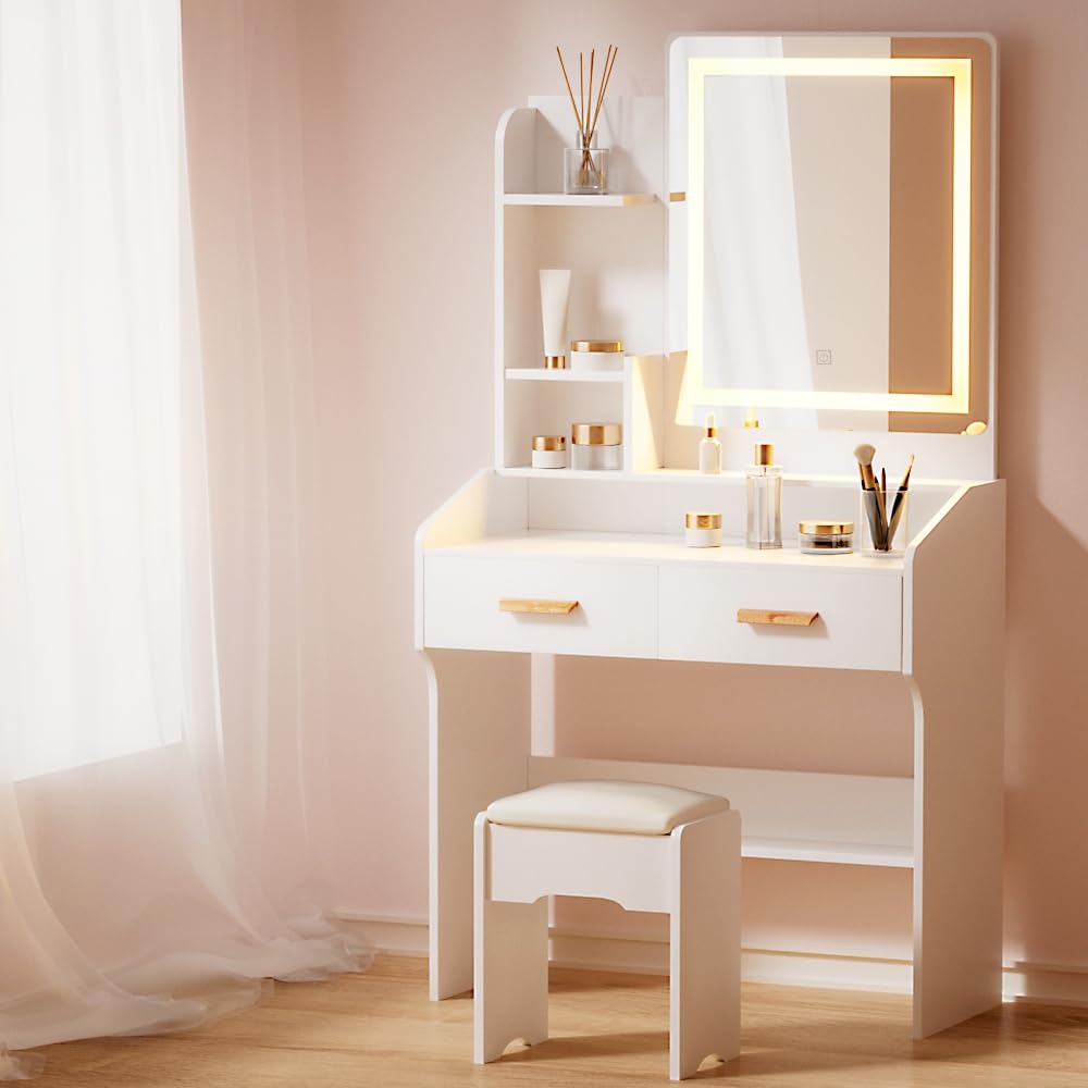 Dressing Table, LED Mirror Makeup Stool Set Wooden Vanity Desk Chair, Home Bedroom Furniture Girls Kids Women Organisers, Drawers Shelves Wide Tabletop White