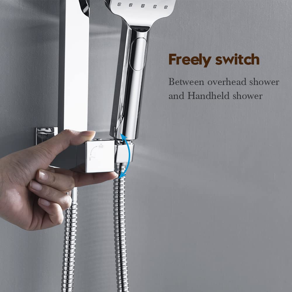 Twin Shower Head Rail Set Square Gooseneck Shower Arm 8" Rain Shower Head 3-Mode Handheld Brass 2 in 1 Diverter