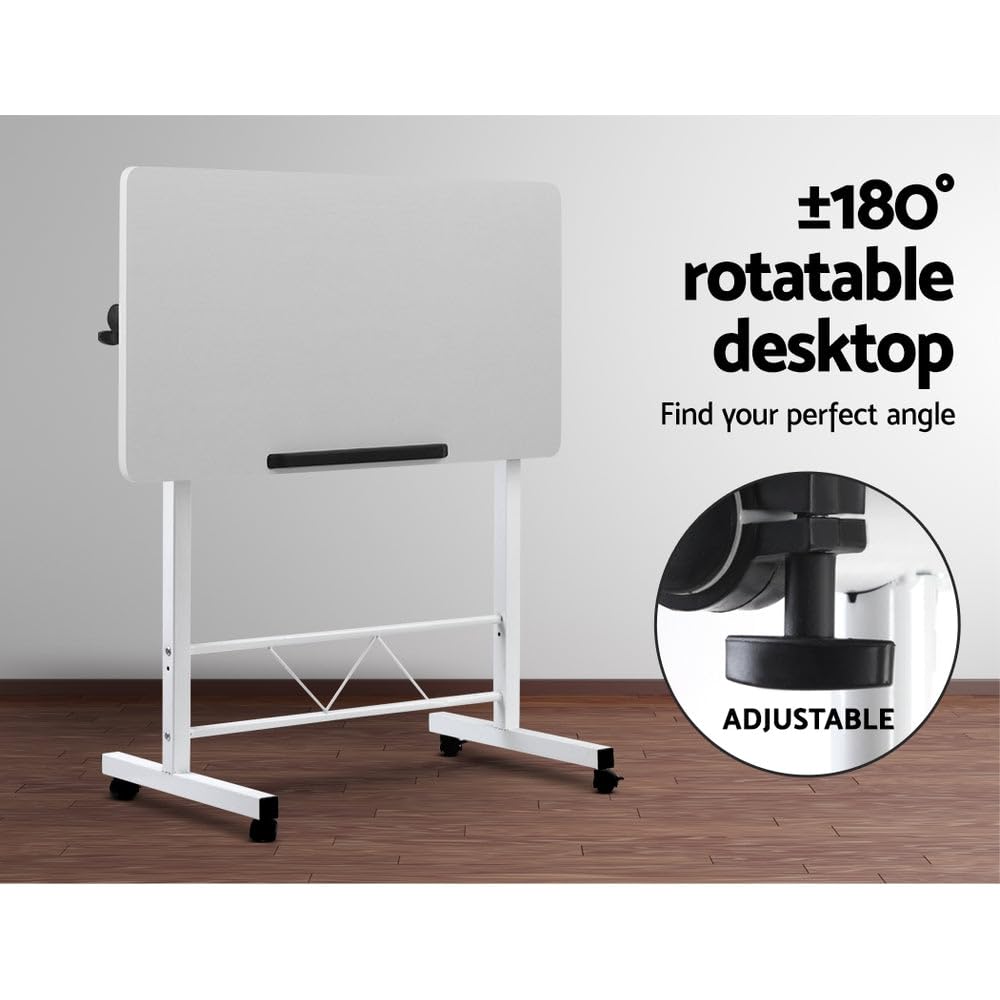 Laptop Table, Adjustable Stand Desk Desktop Computer Standing Study Desks Bed Side Tables Home Office Travel Studio Furniture, Portable 360° Rotating Lockable Caster Wheels White