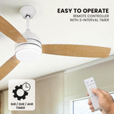 52 Inch Ceiling Fan with Lights Remote Control, Noiseless, Dimmable, 6-Speed Outdoor Ceiling Fan with Light, 3 Blade Wood Ceiling Fan with Timer, Reversible DC Motor for Patio Bedroom, White