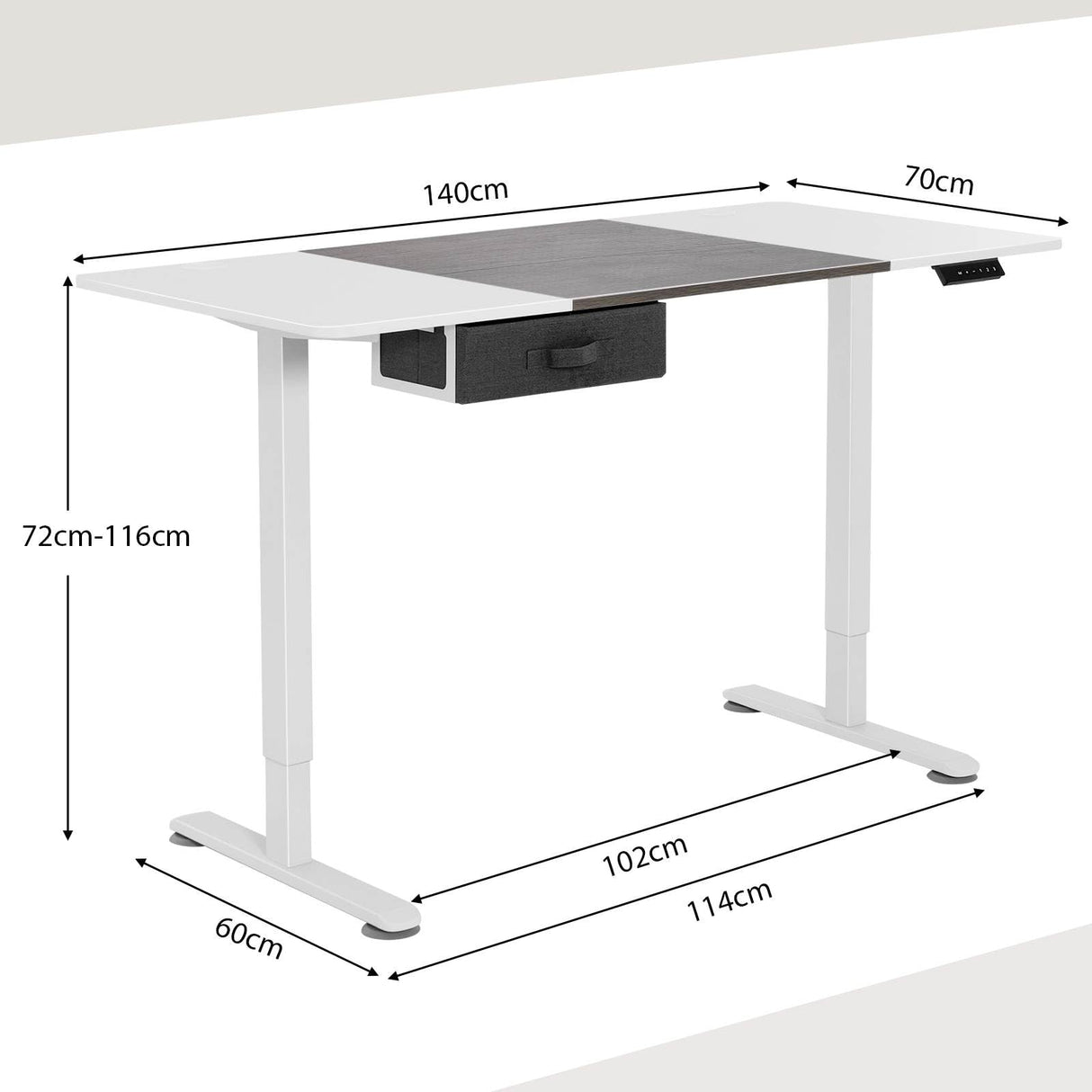 Electric Height Adjustable Standing Desk, Ergonomic Sit Stand Desk, Stand up Computer Workstation w/USB Charging Port, Storage Drawer, 2 Cable Holes, for Home Office 140 x 70 cm