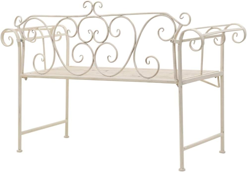 Elegant Vintage-Style Metal Garden Bench in Antique White