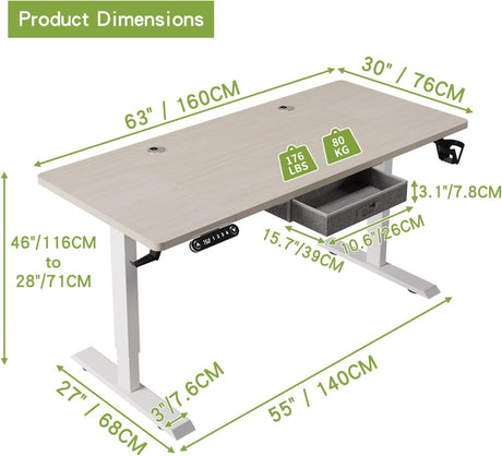 Height Adjustable Electric Standing Desk with Drawer, 63 x 30 Inch (160x76CM) Stand Up Table, Computer Desk Splice Board, Home Office Computer Ergonomic Desk