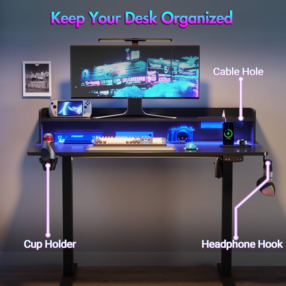 Electric Standing Desk, Adjustable Height Sit Stand up Desk with Monitor Stand, 120cm Whole Piece Desktop Black Desktop+Black Frame