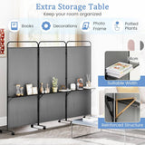 3-Panel Folding Room Divider, 188cm Rolling Privacy Screen w/ 3 Metal Shelves, Lockable Wheels, Portable Wall Divider Separator, Freestanding Privacy Protection for Living Room