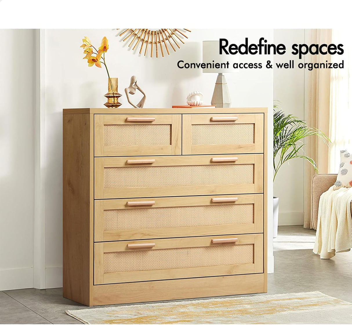 Rattan Dresser with 5 Drawers Hallway Tallboy, Bedroom Chests of Drawers with Handles, Living Room Side Cabinet Standing Storage Cupboard, Home Furniture Organiser Sideboard, Wood Colour