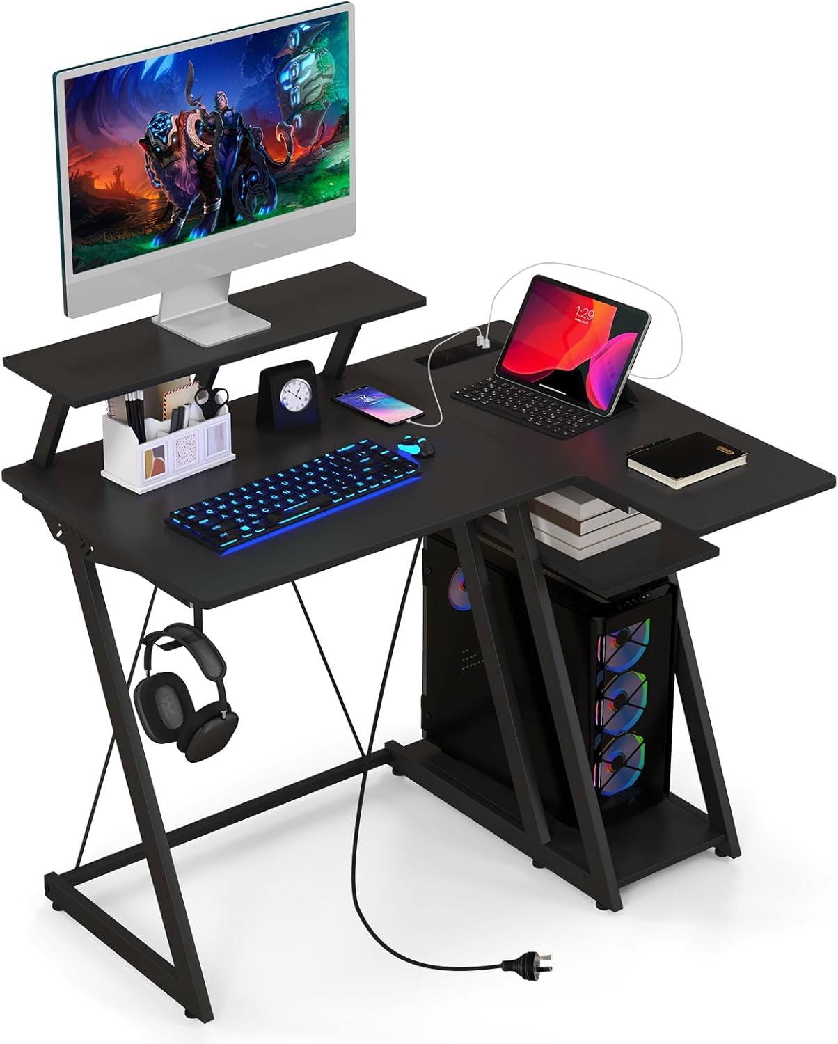 L-Shaped Gaming Desk with Outlets & USB Ports, Small Computer Desk with Monitor Shelf, Headphone Hook, Storage Shelf & Host Stand, Corner Gamer Desk with Carbon Fiber Texture