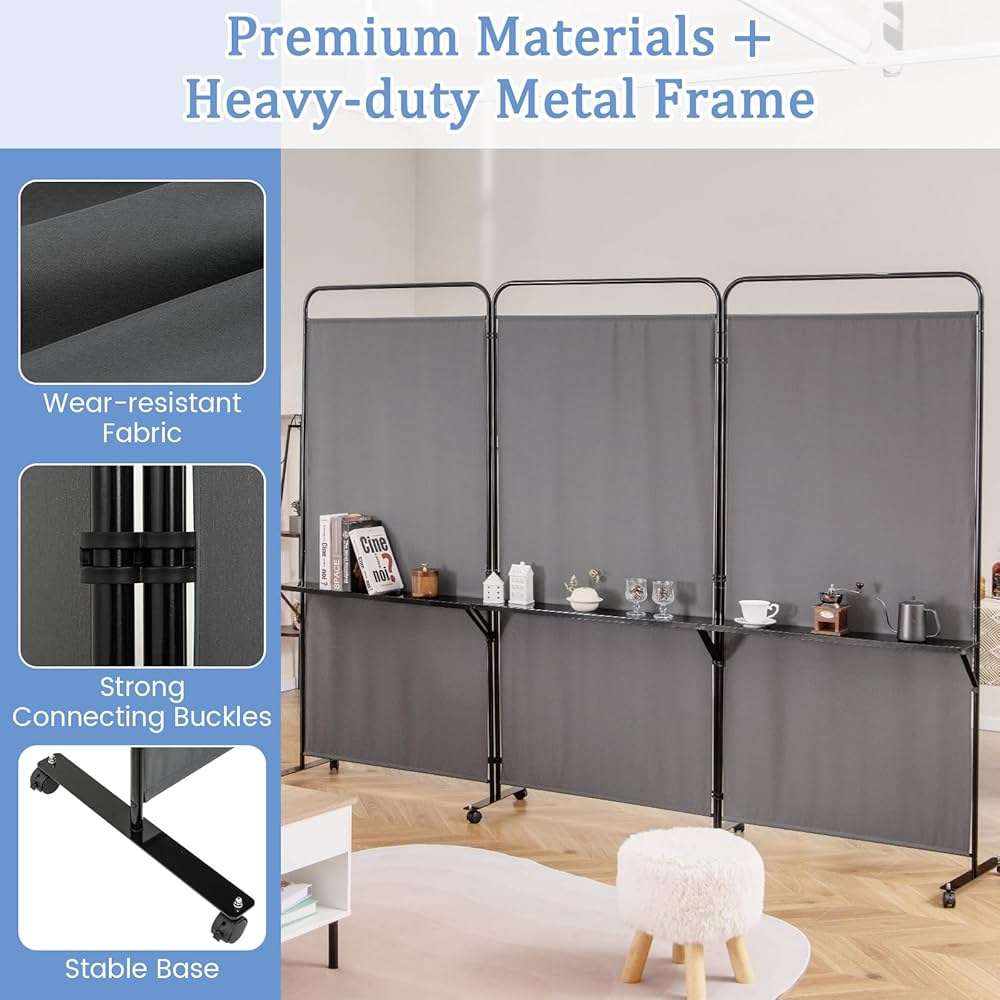 3-Panel Folding Room Divider, 188cm Rolling Privacy Screen w/ 3 Metal Shelves, Lockable Wheels, Portable Wall Divider Separator, Freestanding Privacy Protection for Living Room