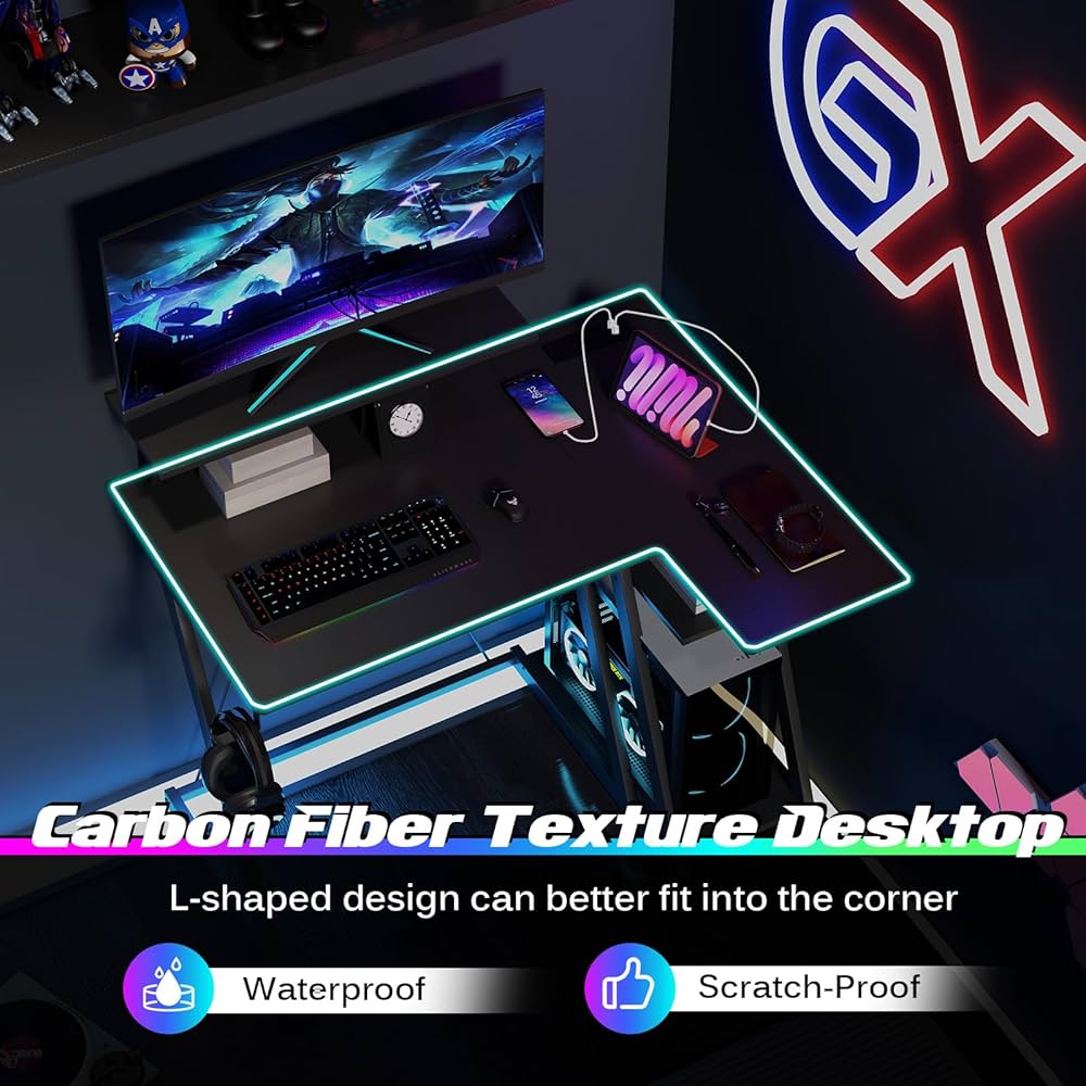 L-Shaped Gaming Desk with Outlets & USB Ports, Small Computer Desk with Monitor Shelf, Headphone Hook, Storage Shelf & Host Stand, Corner Gamer Desk with Carbon Fiber Texture