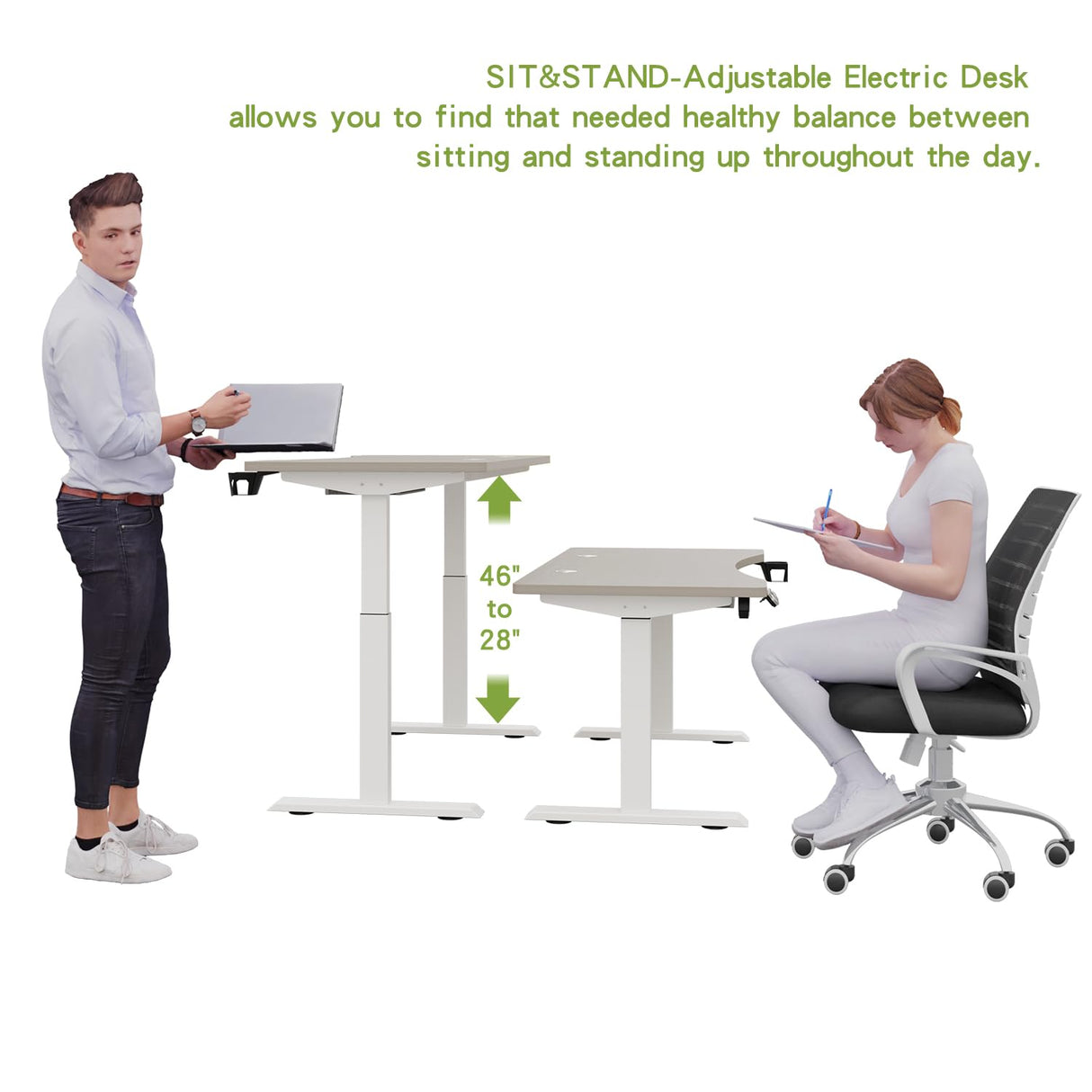 Dual Motors Height Adjustable Electric Standing Desk with Drawer, 63 x 30'' Stand Up Table, Computer Desk with Splice Board, Home Office Desk, Oak Top + White Frame