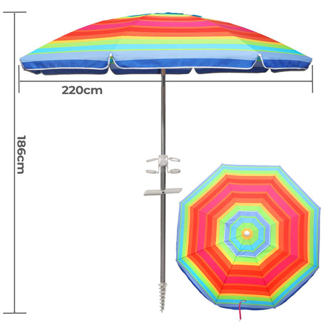 2M/2.2M Sand Beach Umbrella, Heavy Duty High Wind Parasols with Sand Anchor & Tilt Sun Shelter, UV 50+ Protection Outdoor Sunshade Umbrella with Carry Bag for Patio Garden Beach Pool Backyard Stripe